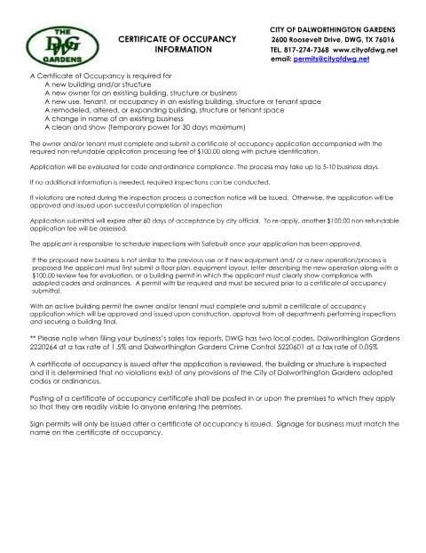 First page of the Certificate of Occupancy Application