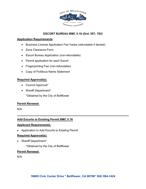 First page of the Escort Bureau Application