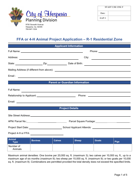 First page of the FFA or 4-H Animal Project Application