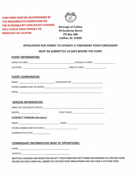 First page of the Application for Temporary Food License