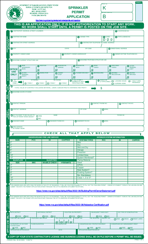 First page of the Sprinkler Permit Application