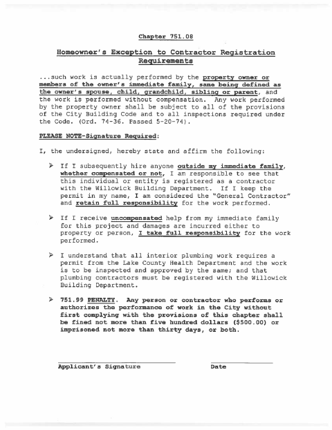 First page of the Homeowner’s Exception to Contractor Registration Requirements