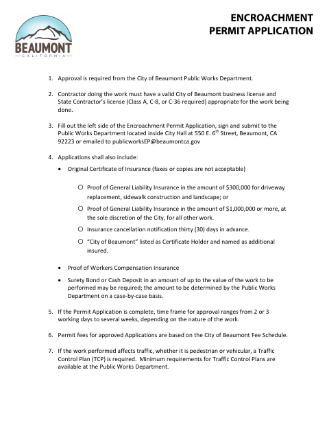 First page of the Encroachment Permit Application