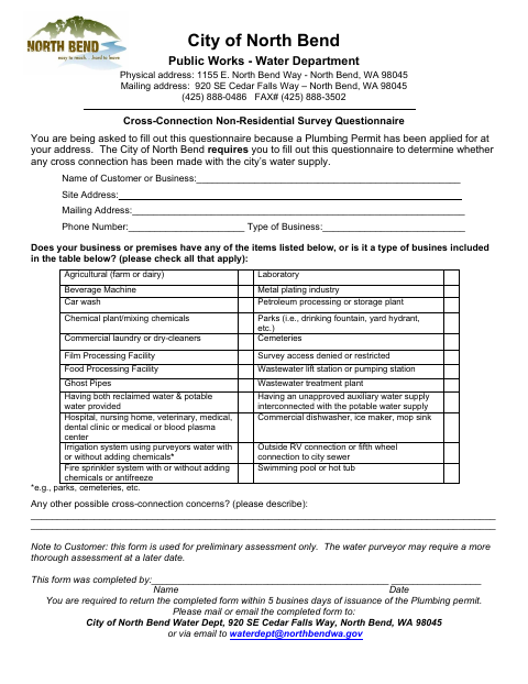 First page of the Cross-Connection Non-Residential Survey Questionnaire