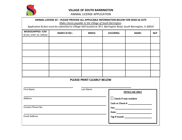 First page of the Animal License Application