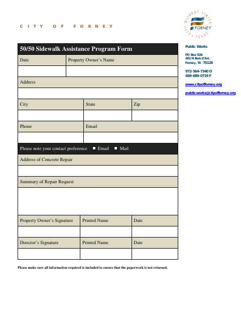 First page of the 50/50 Sidewalk Assistance Program Form