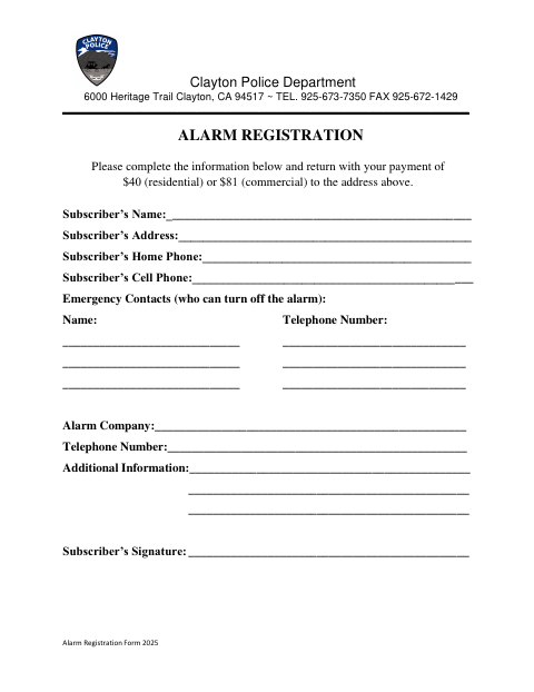 First page of the Alarm Registration Form