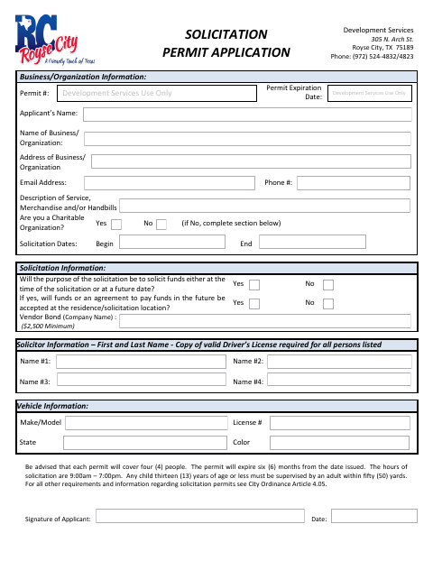 First page of the Solicitation Permit Application
