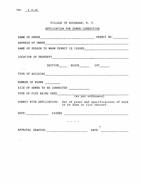 First page of the Sewer Connection Application
