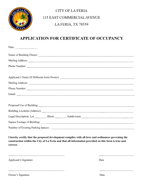 First page of the Application for Certificate of Occupancy