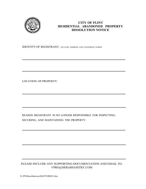 First page of the Residential Abandoned Property Dissolution Form