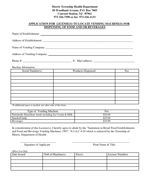First page of the Application for Licenses to Locate Food and Beverage Vending Machines