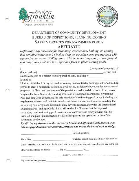 First page of the Pool Safety Affidavit