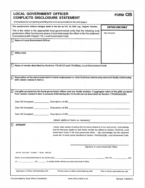 First page of the Local Government Officer Conflicts Disclosure Statement