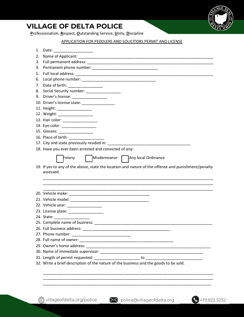 First page of the Peddlers and Solicitors Permit Application