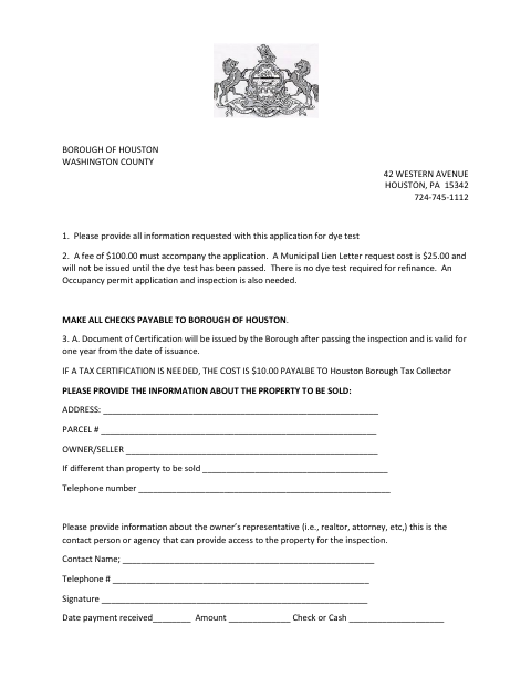 First page of the Dye Test Application