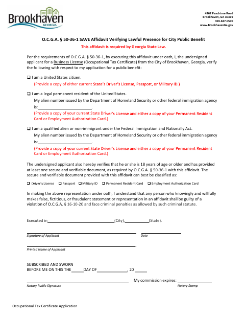 First page of the SAVE Affidavit Verifying Lawful Presence