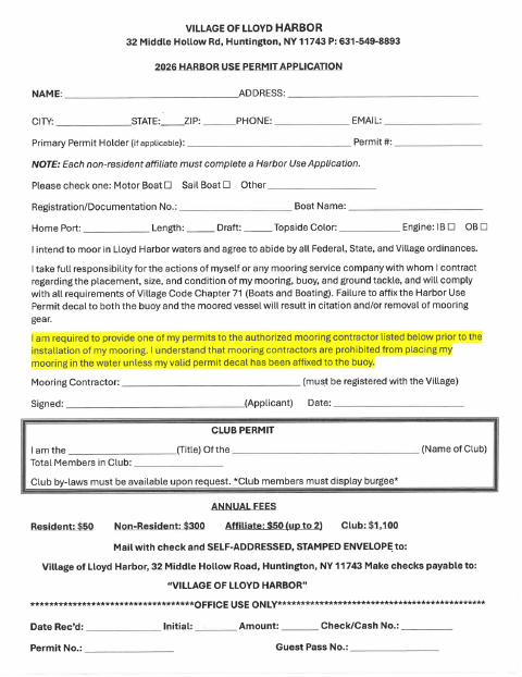 First page of the Harbor Use Permit Application