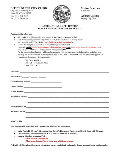First page of the Vendor or Peddler Permit Application
