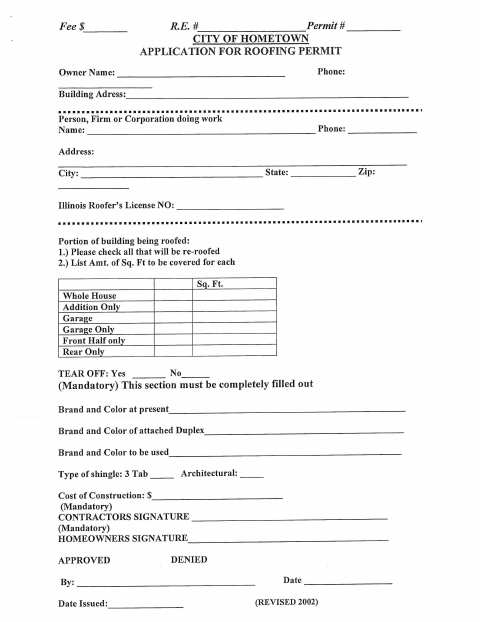 First page of the Roofing Permit Application