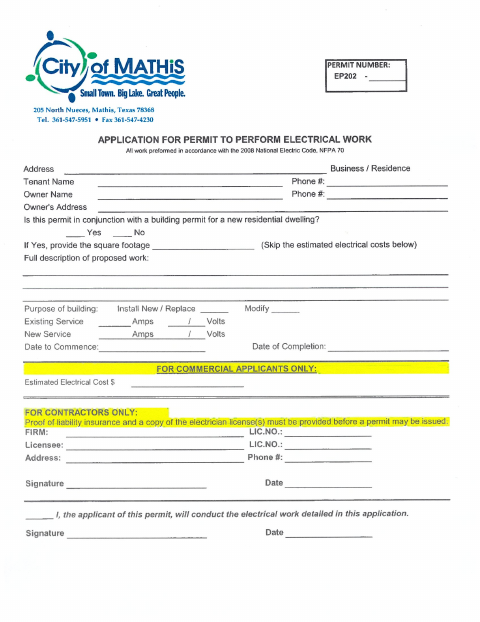First page of the Electrical Permit Application