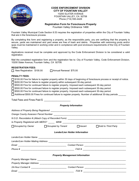 First page of the Registration Form for Foreclosure Property