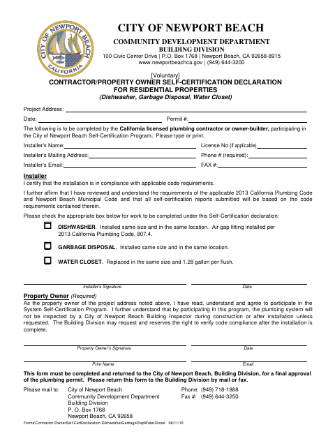 First page of the Contractor/Property Owner Self-Certification Declaration for Residential Properties