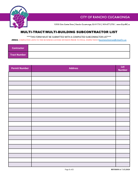 First page of the Multi-Tract/Multi-Building Subcontractor List