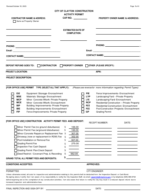 First page of the Construction Activity Permit Application