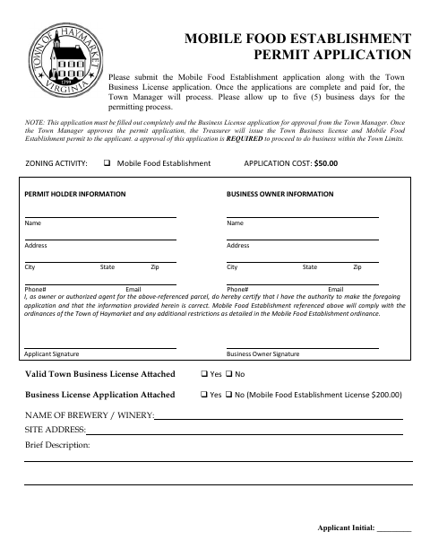 First page of the Mobile Food Establishment Permit Application