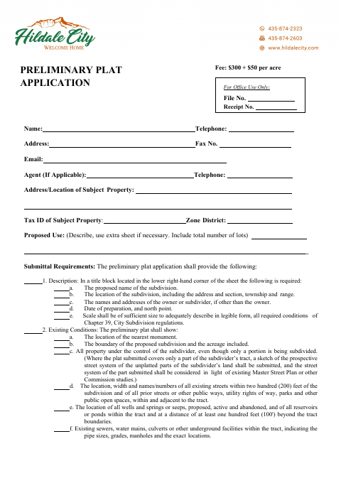 First page of the Preliminary Plat Application