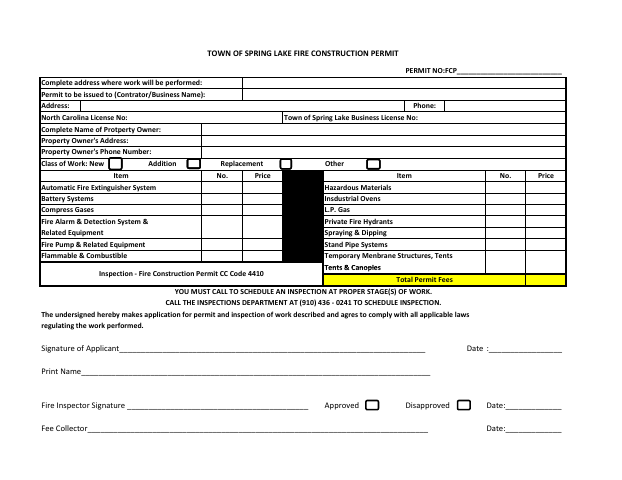 First page of the Fire Construction Permit