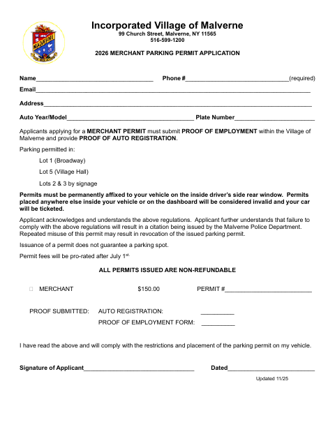 First page of the Merchant Parking Permit Application