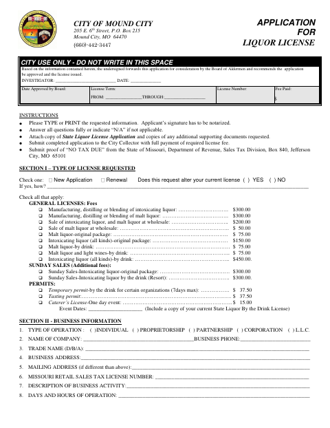 First page of the Liquor License Application
