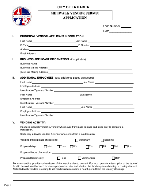 First page of the Sidewalk Vendor Permit Application