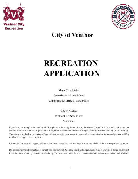 First page of the Recreation Application