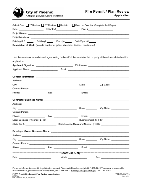 First page of the Fire Permit / Plan Review Application