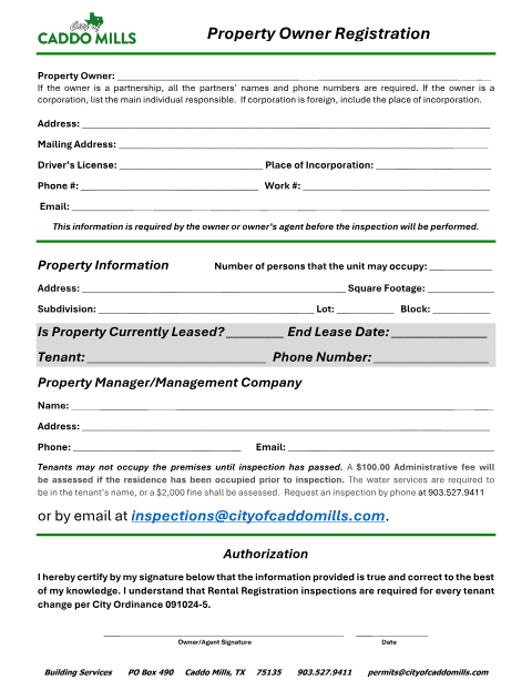 First page of the Property Owner Registration