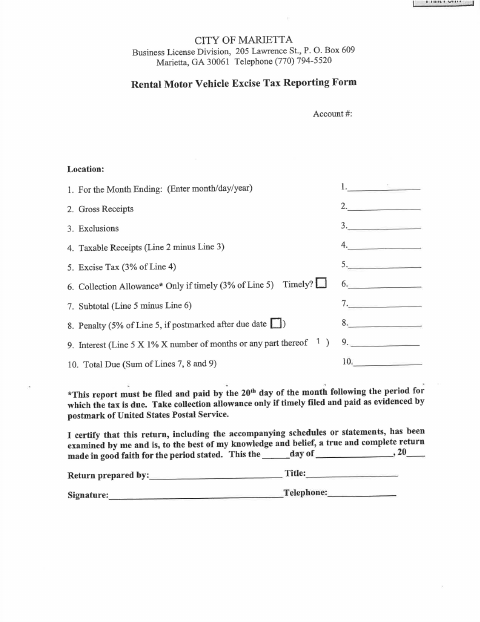 First page of the Rental Motor Vehicle Excise Tax Reporting Form