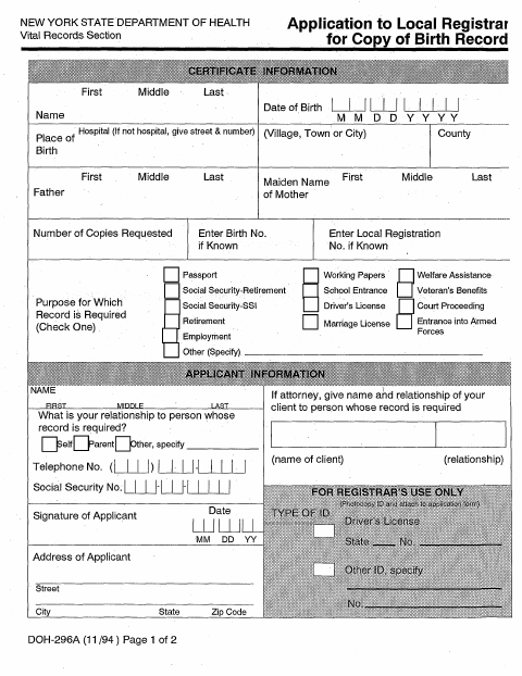 First page of the Application for Copy of Birth Record