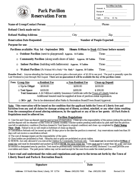 First page of the Park Pavilion Reservation Form