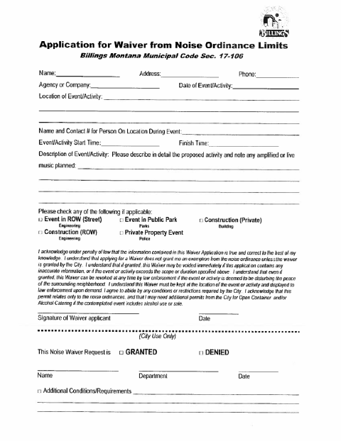 First page of the Noise Ordinance Waiver Application