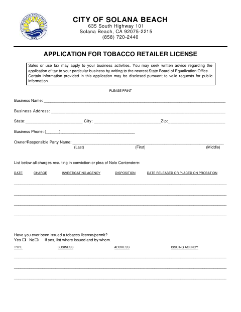 First page of the Application for Tobacco Retailer License