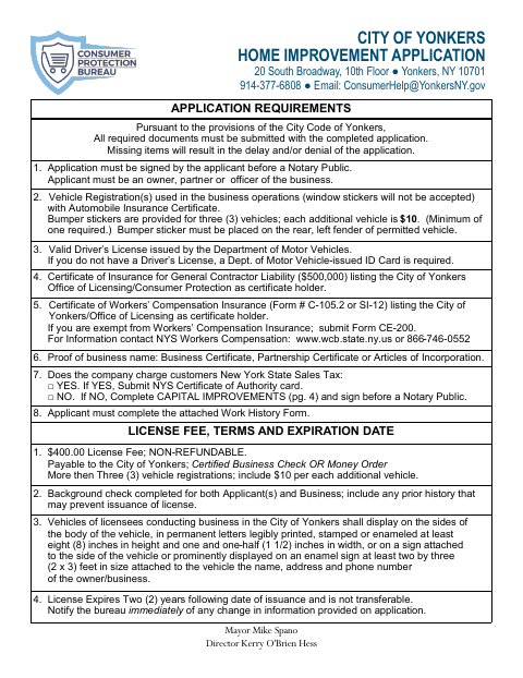 First page of the Home Improvement License Application