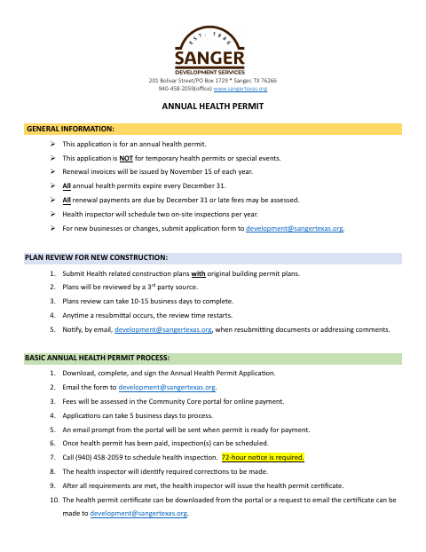 First page of the Annual Health Permit Application