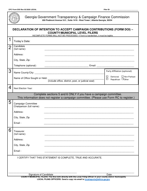 First page of the Declaration of Intention to Accept Campaign Contributions