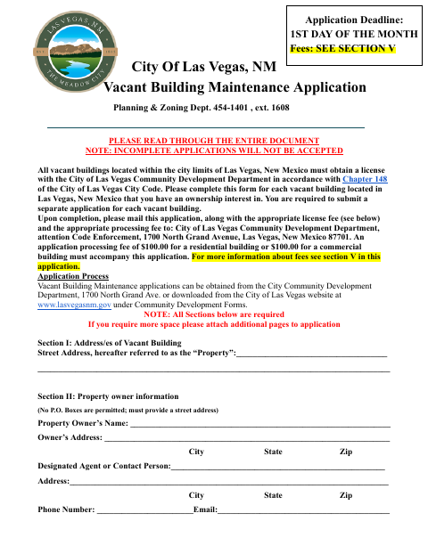 First page of the Vacant Building Maintenance Application