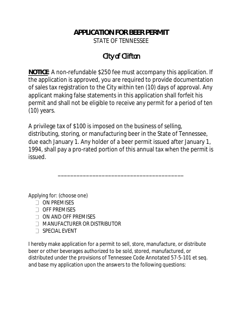 First page of the Application for Beer Permit