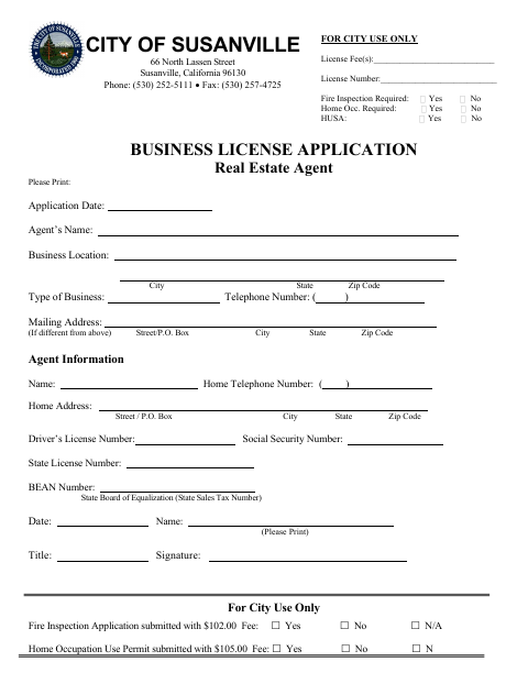 First page of the Real Estate Agent Business License Application