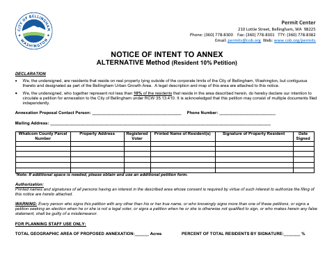 First page of the Notice of Intent to Annex Alternative Method (Resident 10% Petition)
